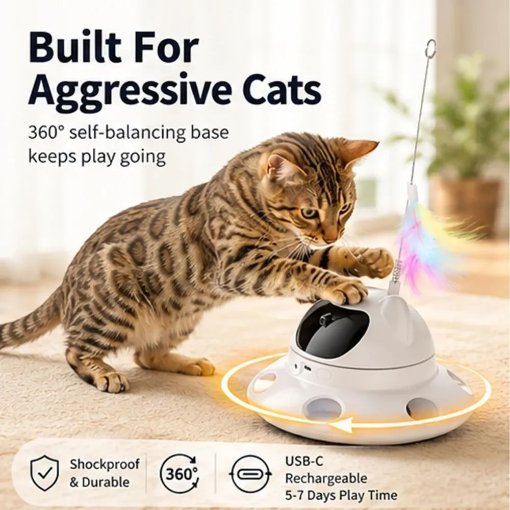 3-in-1 Auto Laser Cat Toy USB Rechargeable Motion Activated Feather Chase Toy